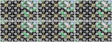 Çiçekli ipek eşarp. El çizimi çiçek unsurları olan soyut, dikişsiz raster deseni. 1950-1960 motifleri. Retro tekstil tasarım koleksiyonu. Siyah üstüne siyah..