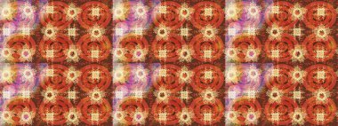 Raster illüstrasyonu. Kar tanelerinin soyut arkaplanlı Noel şablonu. Noel ve yeni yıl moda baskıları için tatil tasarımı. Turuncu, kahverengi ve pembe kar taneleri.