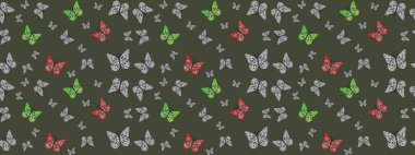 Raster illüstrasyonu. Doğadaki güzellik. Kumaş, Tekstil, Baskı ve Davetiye için arka plan. Yeşil renklerin çizimi. Suluboya Biçimli Uçan Kelebekler ile çizim deseni.