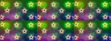 Raster illüstrasyonu. Yeşil, mavi ve mor renkler üzerine tasarım. Raster kış deseni. Çiçek Elementleri ile soyut arkaplan.