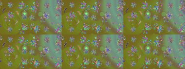 Ağaç dallı bahar çiçekleri ile desen, çiçek siluetiyle yeşil renkler. Raster deseni.