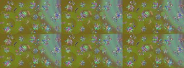 Çiçeksel elementlerle süslenmiş zarif raster dokusu. Küçük çiçekte hoş bir çiçek deseni var. Parlak çiçekli yeşil renkler üzerine soyut çizim deseni.