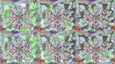 Rengarenk çiçekleri ve doğal renklerde yaprakları olan harika, pürüzsüz çiçek deseni. Halk tarzı. Moda baskıları için zarif bir şablon. Modern çiçek arkaplanı.