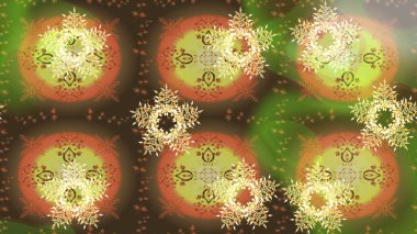 Kar tanelerinin soyut arkaplanlı Noel şablonu. Kahverengi ve yeşil kar taneleri. Raster illüstrasyonu. Noel ve Yeni Yıl moda baskıları için tatil tasarımı.