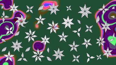 Patlayan çiçekler soyut olarak yerleştirilmiş. Yumuşak, yeşil renkli bahar çiçekleri. Raster deseni. Raster illüstrasyonu.