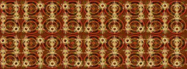 Modern çiçek arkaplanı. Moda baskıları için zarif bir şablon. Parlak renkli çiçekleri ve kahverengi, turuncu ve sarı renkli yaprakları olan harika bir çiçek deseni. Halk stili.