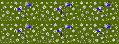 Bir sürü yeşil ve soyut çiçekli tropik eskiz deseni. Küçük çiçekteki sevimli çiçek deseni. Varicologreen Raster çizimi.