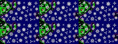 Çok mavi, zarif küçük çiçekler ve mavi renkli komik böcekler, raster desen, illüstrasyon.