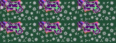 Raster düz çiçek çizim deseni. Hediye ambalaj kağıdı, tebrik kartları, posterler ve pankart tasarımı. Yeşil renkte çiçekler.