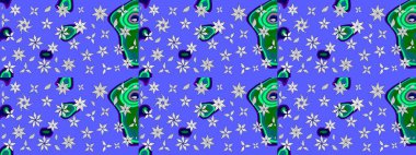 Çiçek ve yapraklı karalama şeklinde Raster çiçek deseni. Yumuşak, mavi renkte bahar çiçekleri. Raster illüstrasyonu.