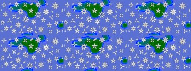 Çok mavi, zarif küçük çiçekler ve mavi renkli komik böcekler, raster desen, illüstrasyon.