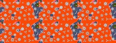 Turuncu renkli Asya tekstili. Çiçek desenli çizim. Raster illüstrasyonu.