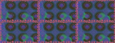 Raster - stok. Kusursuz bir arka plan modeli. Yapraklı çiçekler ve mavi renkli papatya çiçekleri..