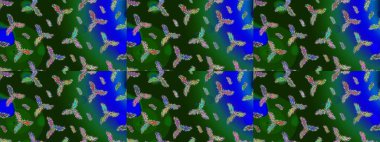 Renkli arka planda izole kar taneleri. Raster illüstrasyonu. Kar taneleri radyal yeşil, mavi ve gri renkler.