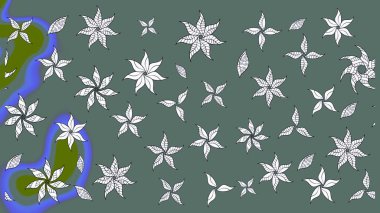 Suluboya elle çizilmiş çiçek desenli eskiz deseni. Parlak renkli fantezi çiçekleri, yapraklar, tarafsız renklerde tomurcuklar.