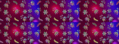 Üzerinde gelincikler ve vadi zambakları olan renkli çiçek desenli nakış deseni. Tekstil tasarımı için mor, kırmızı ve mor renkli geleneksel halk çiçekleri buketi.