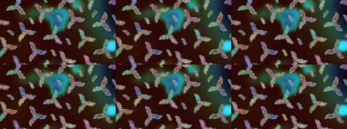 Yüzey için tekrarlanan doku, ambalaj kağıdı, kahverengi, yeşil ve mavi renkler. Raster illüstrasyonu. Renkli arka planda izole kar taneleri. Kış kar tanesi, raster arkaplan.