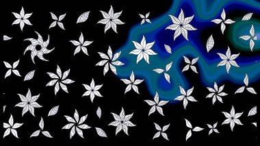 Tekstil, kumaş, ambalaj, hatıra defteri için hoş bir çiçek arkaplanı. Çocuksu tasarım. Siyah arka planda. Elle çizilmiş karalama çiçekleri ile Raster çizim deseni.