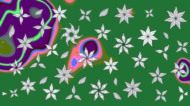 Suluboya elle çizilmiş çiçek desenli eskiz deseni. Parlak renkli fantezi çiçekleri, yapraklar, yeşil renkli tomurcuklar.