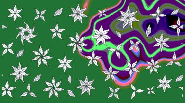 Raster illüstrasyonu. Çiçek desenli eskiz, darbeler, sıçramalar, yaz çiçekleri. Yeşil renkte çiçekler.