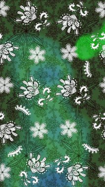 Oldukça eski bir besin torbası deseni, küçük yeşil renkte, çiçekler. Millefleur 'lar. Tekstil, kumaş, kapaklar, duvar kağıtları, baskı, paket, koleksiyon defteri, örgü, dekupaj için çiçek arkaplanı..