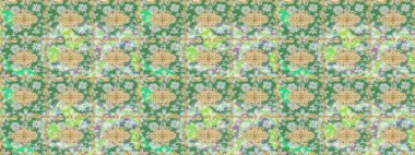 Çiçek süslemeli Raster eskiz deseni. Duvar kâğıdı için altın süslü bir illüstrasyon. Geleneksel Arap dekoru yeşil renklerde. Süslü dantel iz sürücü. Doğu tarzında vintage tasarım ögesi.