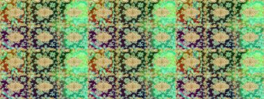 Çiçek süslemeli Raster eskiz deseni. Süslü dantel iz sürücü. Duvar kâğıdı için altın süslü bir illüstrasyon. Geleneksel Arap dekoru yeşil renklerde. Doğu tarzında vintage tasarım ögesi.