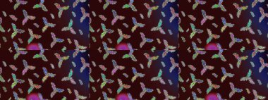 Raster illüstrasyonu. Kar tanelerinin soyut arkaplanlı Noel şablonu. Noel ve yeni yıl moda baskıları için tatil tasarımı. Kahverengi, mavi ve mor kar taneleri.