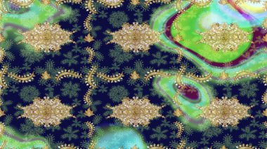 Klasik oryantal desen gri renklerden üstündür. Damask eskiz süsü. Geleneksel raster ve altın desen.