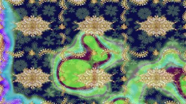 Süslü dekorasyon. Raster klasik barok çiçek deseni altın rengi. Altın elementlerle mavi renklerde altın desen. Lüks, kraliyet ve Viktorya dönemi konsepti.