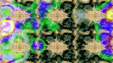 Yeşil renkler ve altın elementler üzerine çizim. Klasik klasik klasik arka plan. Klasik Raster altın desenini çiz. Geleneksel oryantasyon süsü.