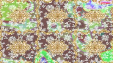 Kraliyet lüksü, altın barok kumaş rengi eskiz. Raster eskiz deseni altın antika ortaçağ dekoratifi, yapraklar ve altın desenli süslemeler tarafsız renklerde..