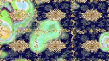 Eskiz oryantal klasik altın desen. Mavi renklerde altın tekrarlayan elementler içeren soyut Raster arkaplanı.