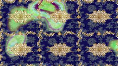 Tekrarlayan ögelerle soyut arkaplan çiz. Mavi ve altın desenli. Zarif raster klasik desen.