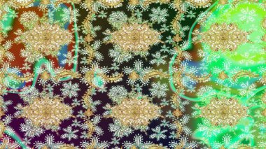 Klasik çiçek dokusu. Eskiz kalıbı altın elementler. Altın şablon. Yeşil renkte Royal retro. Raster illüstrasyonu. Kart, duvar kağıdı, ambalaj, tekstil için klasik tasarım.