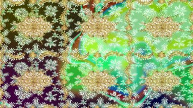 Tasarım şablonu için çizgi çizimi sınırı. Davetiyeler, kartlar, web sayfası için Raster illüstrasyon. Altın desenli çiçek dekoru. Doğu tarzı element. Yeşil renkte altın element.