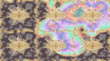 Tarafsız renklerde altın element. Damask arkaplanı. Altın çiçekli eskiz deseni. Barok tarzında altın çiçekli süs..