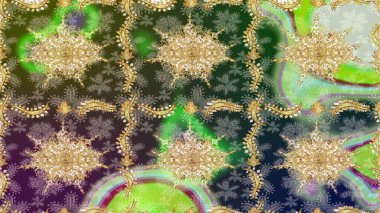 El yapımı dekoratif çerçeve, albüm kapağı, tebrik kartı, klasik Art deco tarzı. Raster soyut çiçek çelengi altın karalama fantezi yaprakları ve yeşil renkli çiçek.