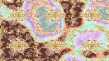 Çiçek süslemeli Raster eskiz deseni. Tarafsız renkler üzerine geleneksel Arapça dekor. Duvar kâğıdı için altın süslü bir illüstrasyon. Doğu tarzında klasik tasarım öğesi. Süslü dantel iz sürücü.