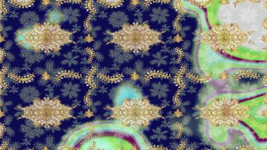 Dekoratif simetri arabesk. Doğum günü kartı, davetiye ya da afiş için iyidir. Raster illüstrasyonu. Ortaçağ çiçek desenini çiz. Mavi renkte altın.
