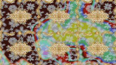 Kahverengi renklerde altın desenler ve altın elementler. Raster Golden eskiz kalıbı. Arkaplan, kumaş, altın duvar kağıdı. Düz elle çizilmiş vintage koleksiyonu.