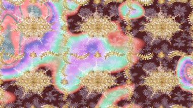 Damask çizim kalıbı arka planı tekrarlıyor. Barok tarzında altın çiçek süsü. Antika altın tekrarlanabilir duvar kağıdı. Tarafsız renklerde altın element.