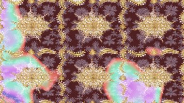 Tasarım için Damask çizim kalıbı. Kahverengi renklerde altın elementlerle Raster çizim deseni.