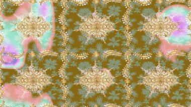 Çiçek deseni. Şık bir grafik desen. Kahverengi renklerde altın elementler. Skeç raster arka planı. Duvar kâğıdı barok, İspanyol kumaşı.