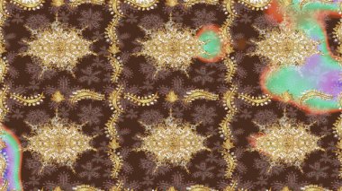 İslam tasarımı. Raster altın tekstil baskısı. Çiçek kiremitleri. Kahverengi renklerde altın desenler ve altın elementler. Çizim desenli oryantal süs.