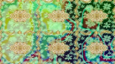 Süslü raster dekorasyonu. Altın elementlerle yeşil renklerde altın desen. Barok biçiminde duvar kağıdı tasarımı için şablon çizimi arkaplanı.