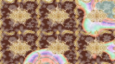 Düz elle çizilmiş klasik koleksiyon. Raster golden. Arkaplan, kumaş, altın duvar kağıdı. Altın elementlerle kahverengi renklerde altın desen.