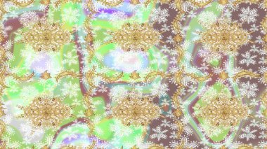 Tasarım için Damask çizim kalıbı. Tarafsız renklerde altın elementlerle Raster çizim deseni.