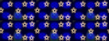 Kar tanelerinin soyut arkaplanlı Noel şablonu. Mavi, siyah ve gri kar taneleri. Raster illüstrasyonu. Noel ve Yeni Yıl moda baskıları için tatil tasarımı.