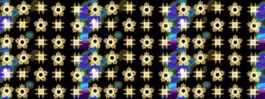 Kar tanelerinin soyut arkaplanı olan şirin bir Noel arkaplanı. Siyah, sarı ve kahverengi kar taneleri. Renkler. Noel ve yeni yıl moda baskıları için tatil tasarımı. Raster illüstrasyonu.